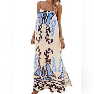 Bohemian Cream Maxi Dress with Blue and Brown Pattern